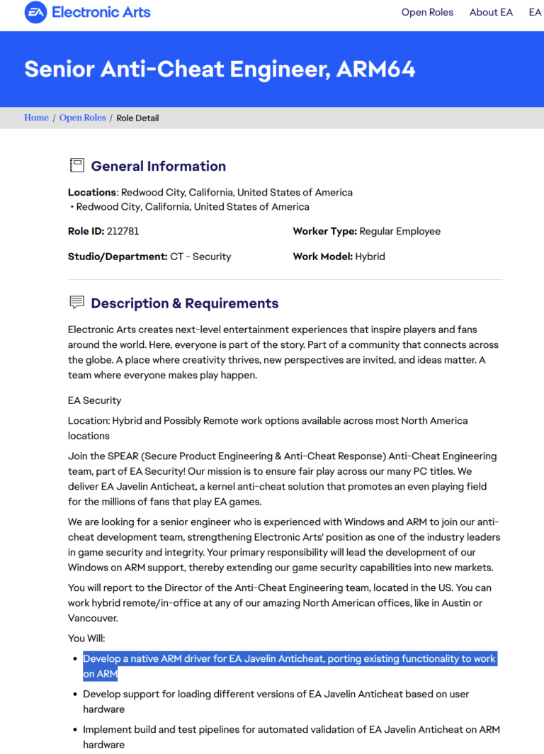 ARM PC游戏再进一步？EA启动原生反作弊适配