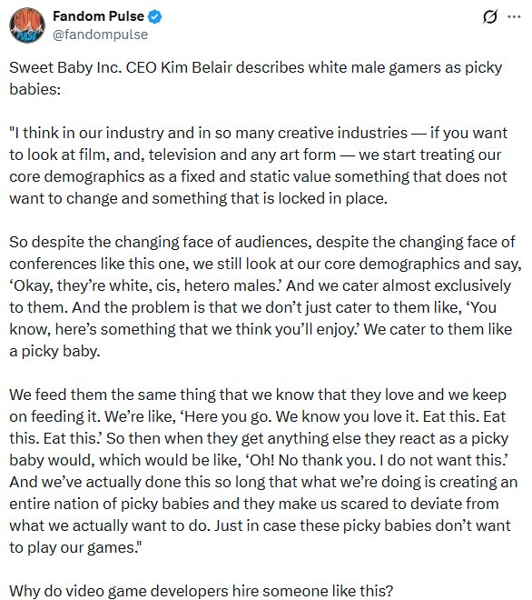 SweetBaby总裁骂白人男性玩家：你们是挑剔的婴儿