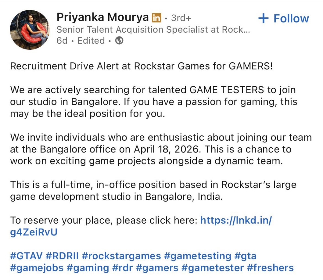 R星印度为《GTA6》招聘QA测试员 提前玩又能赚钱