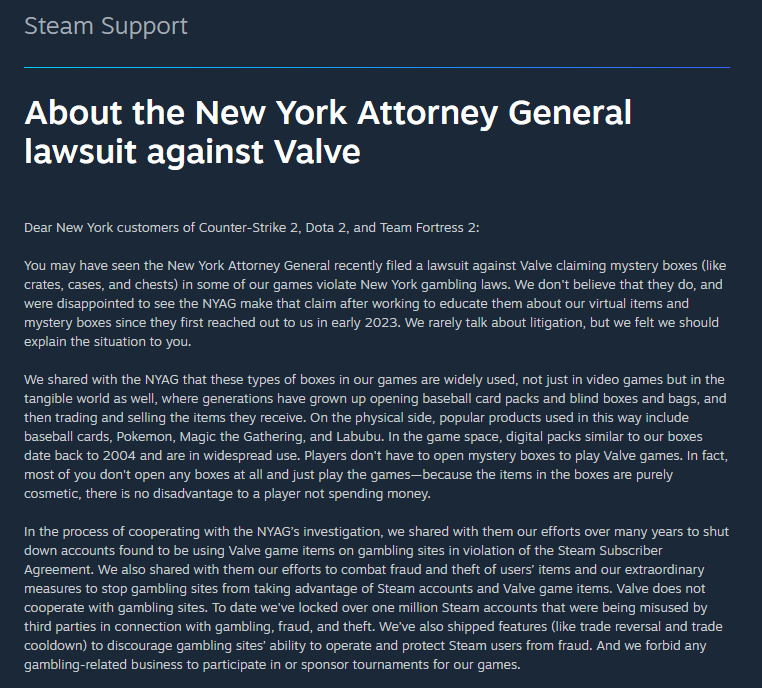 开箱子不算赌博！V社发长文反击纽约州诉讼