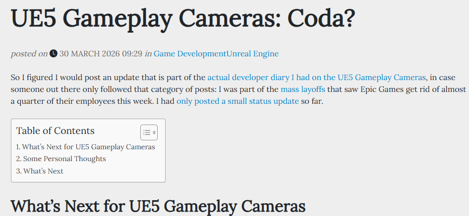 Epic大裁员裁断大动脉？虚幻引擎相机系统关键工程师也被裁