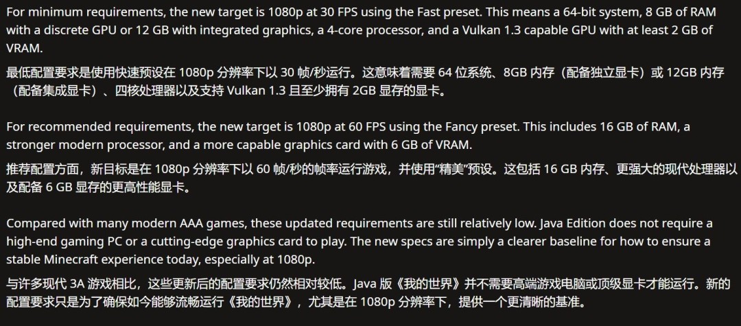 《我的世界》Java版配置要求升级 最低内存提升至8GB