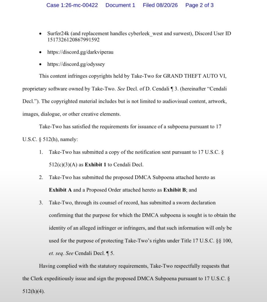 T2要求法院传唤微软和Discord 以追查《GTA6》泄密者