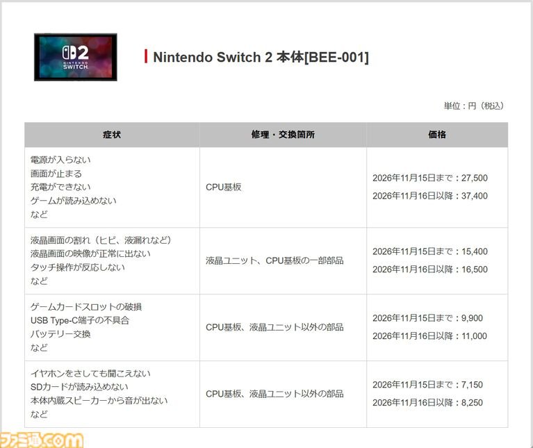 任天堂上调 Switch 2及Switch本体维修参考价!主板上调9900日元