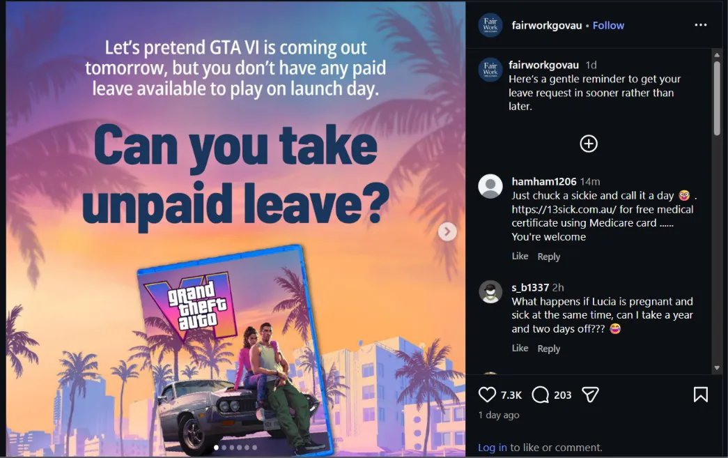 澳大利亚职场监管机构借《GTA6》指导玩家如何正确请假