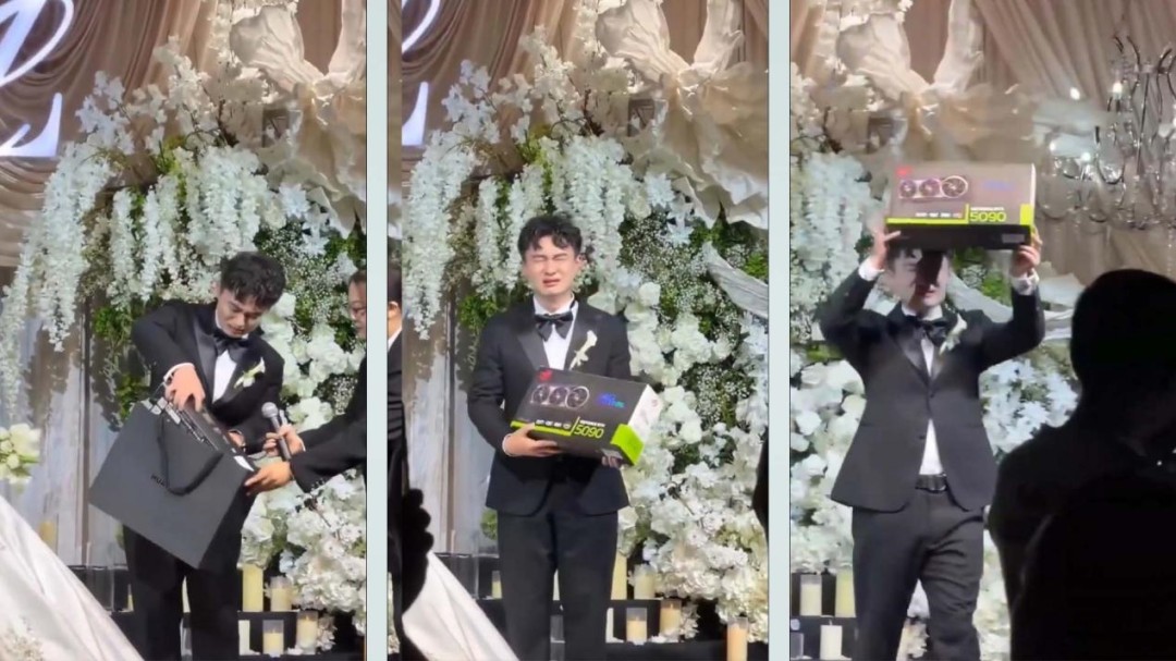 中国新娘婚礼送新郎5090当结婚礼物 新郎当场落泪